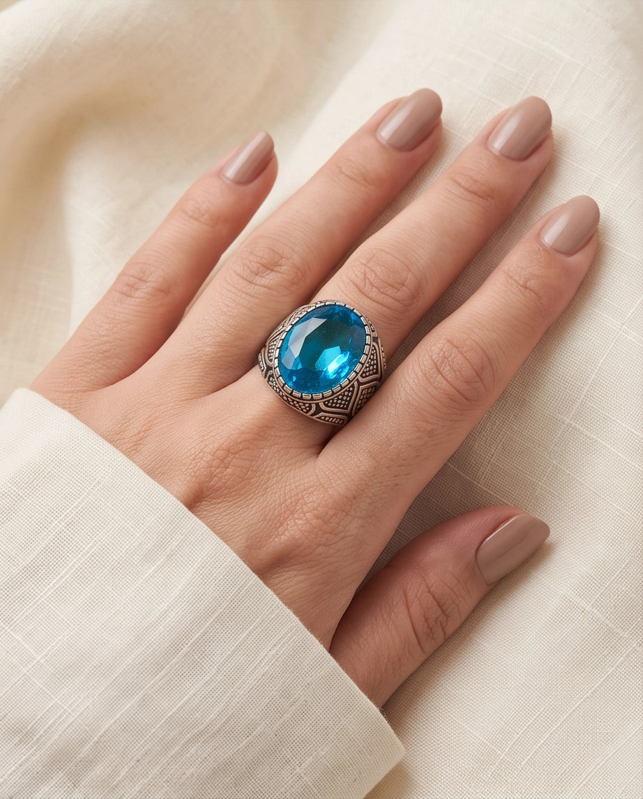 Aquamarine Gemstone Beaded Bezel Lattice Silver Ring
