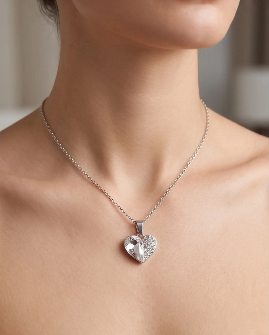 Silver Clear Crystal Heart Pavé Pendant Necklace