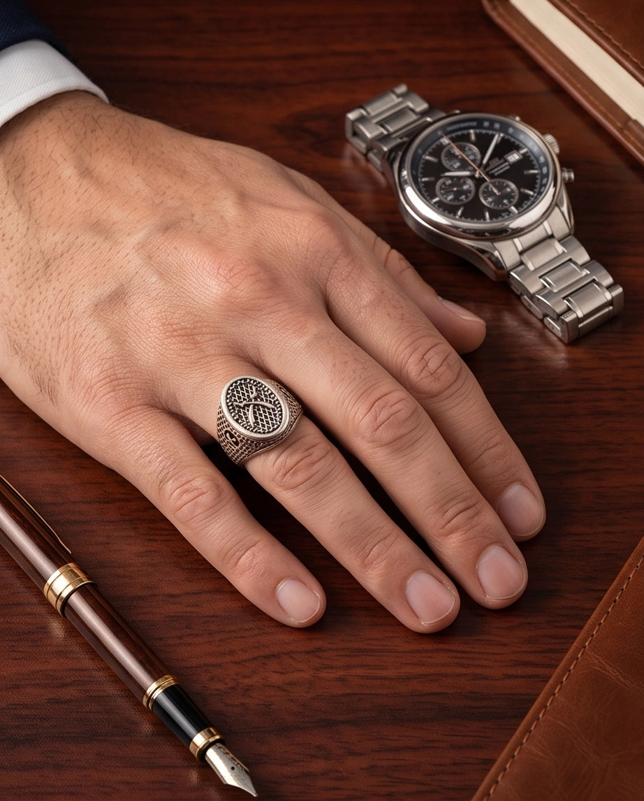 Crossed Scimitars Mesh Signet Ring