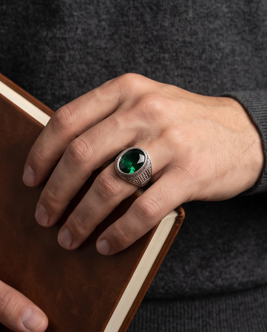 Emerald Gemstone Greek Key Bezel Studded Silver Ring
