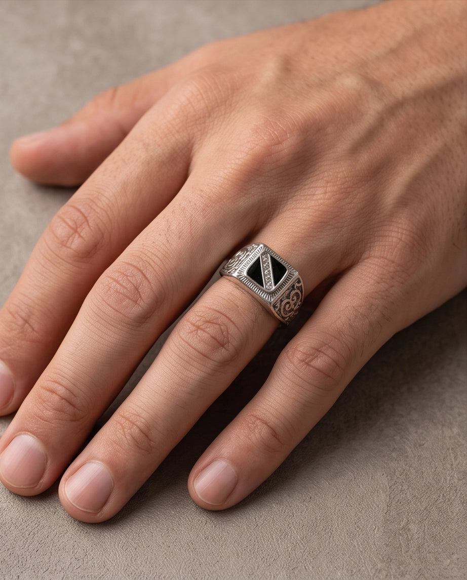 Onyx-Inlay Channel Pavé Diagonal Striped Filigree Silver Ring