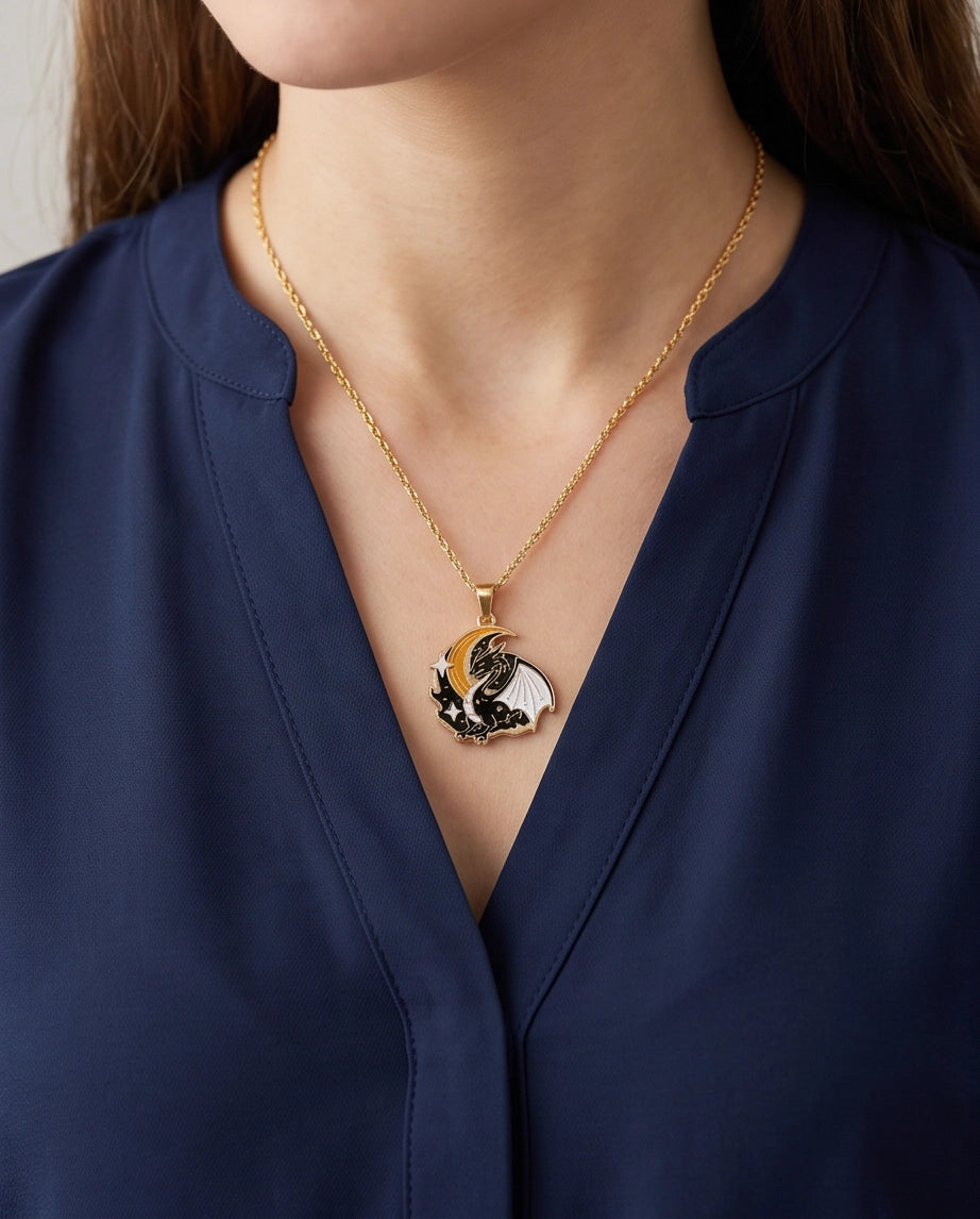 Gold Celestial Crescent Moon Dragon Enamel Pendant Necklace