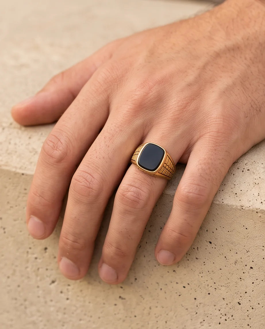 Onyx-Style Cushion Cabochon Geometric Block Gold Ring