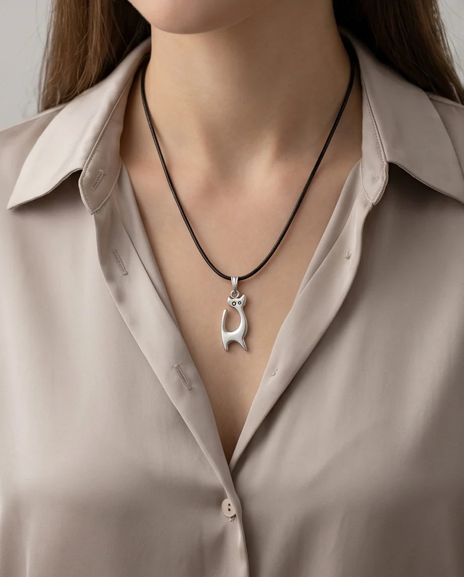 The Mystic Silhouette: Minimalist Matte Silver Cat Pendant Necklace