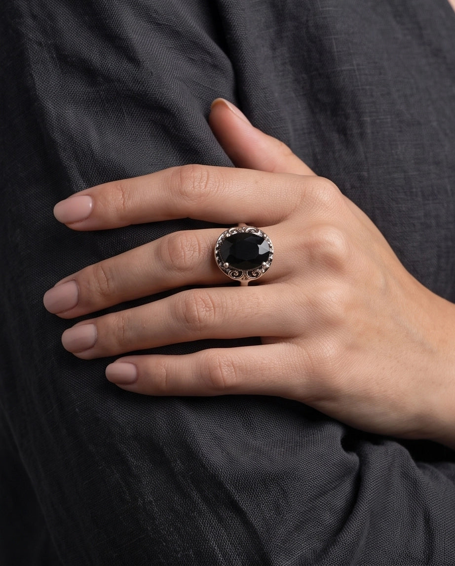 Silver Oval Onyx Filigree Solitaire Ring