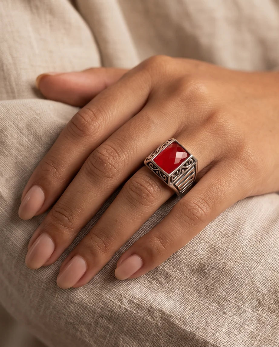 Scarlet Gemstone Filigree Bezel Rectangular Silver Ring