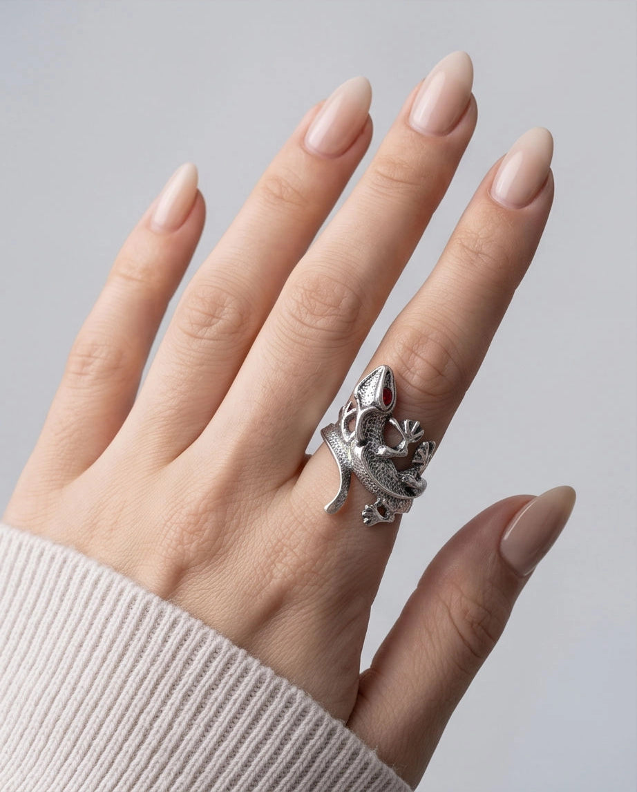Ruby-Eyed Sculpted Lizard Wrap Ring