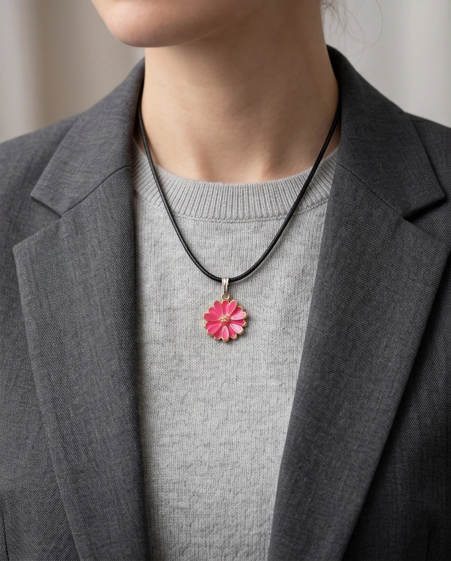 Pink Enamel Sunflower Pendant Necklace