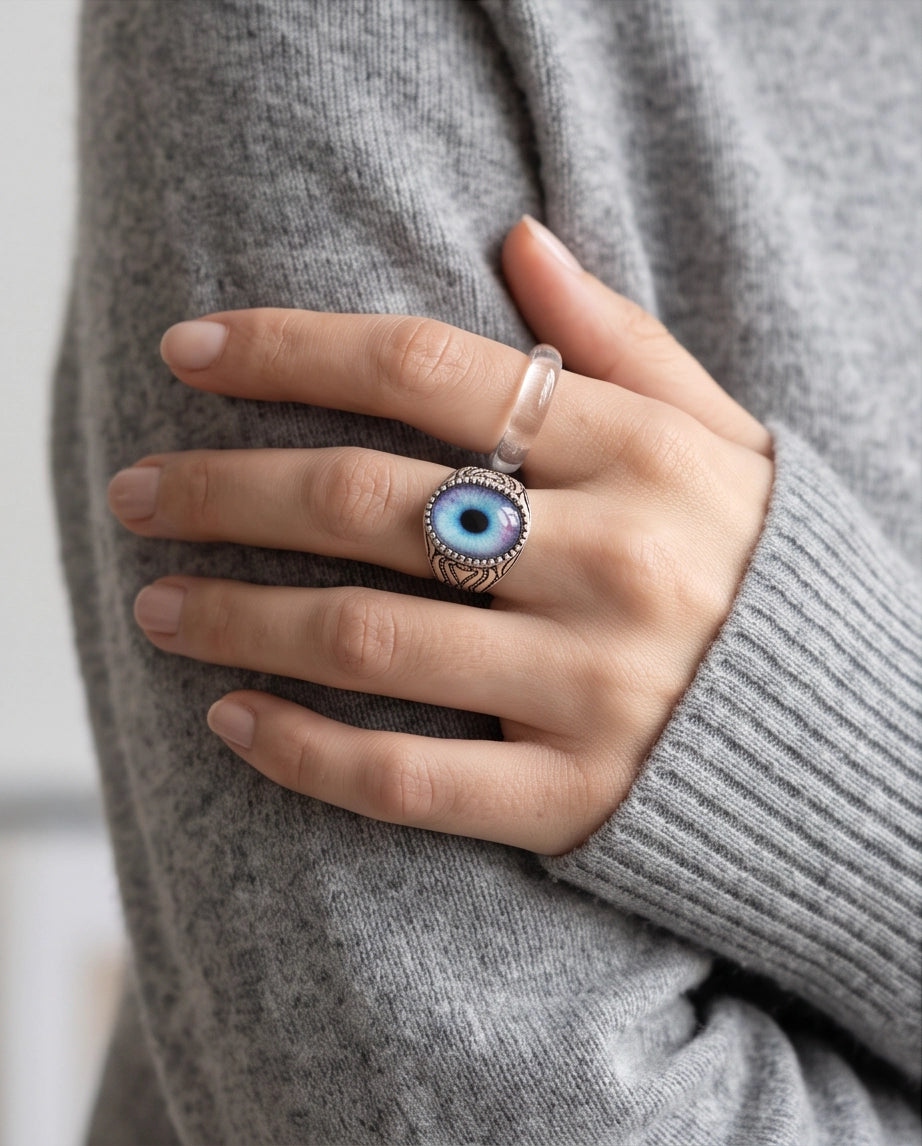 Nebula Blue-Purple Evil Eye Cabochon Ornate Scrollwork Silver Ring