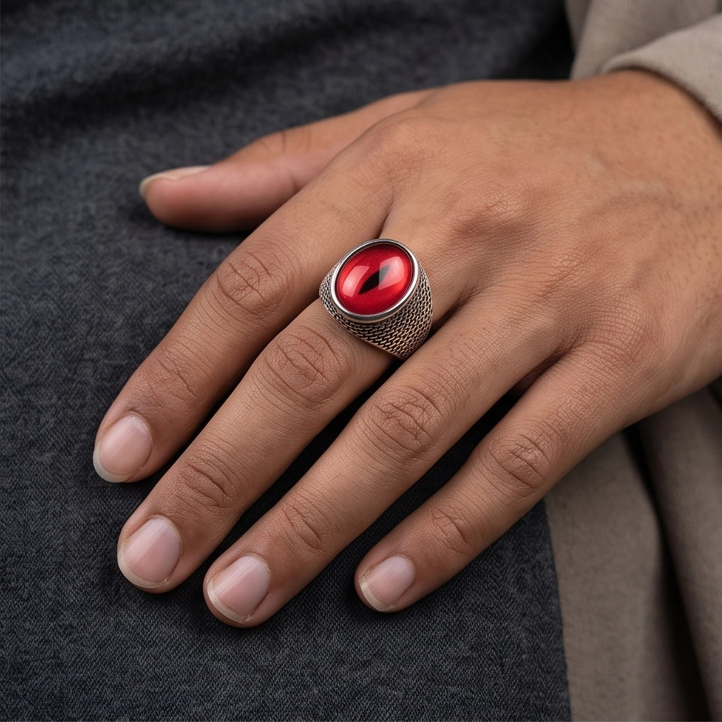 Ruby Slit-Pupil Mesh Silver Ring