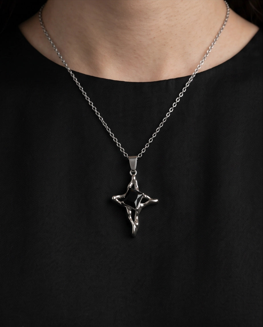 Silver Black Gemstone Gothic Cross Pendant Necklace