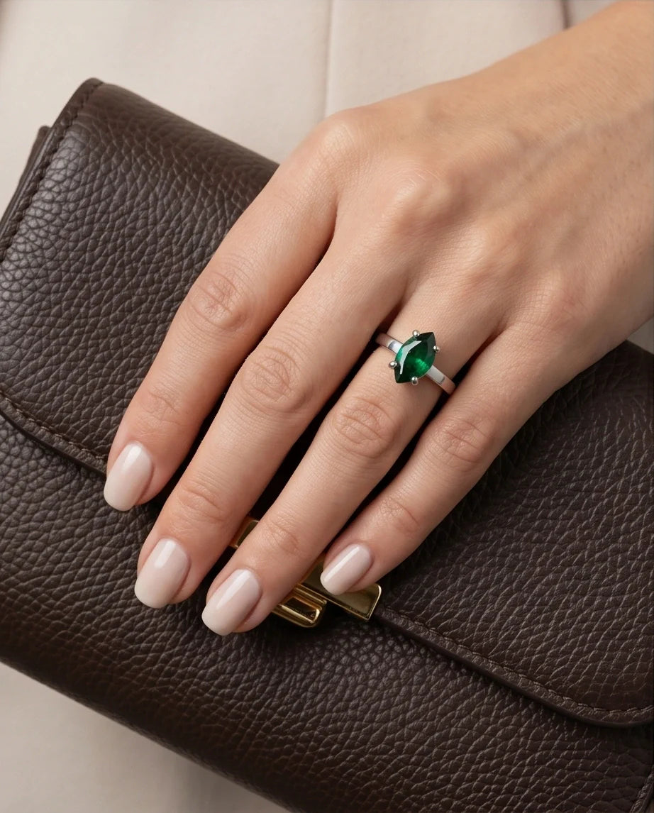 Sterling Silver Marquise-Cut Green Emerald Solitaire Ring