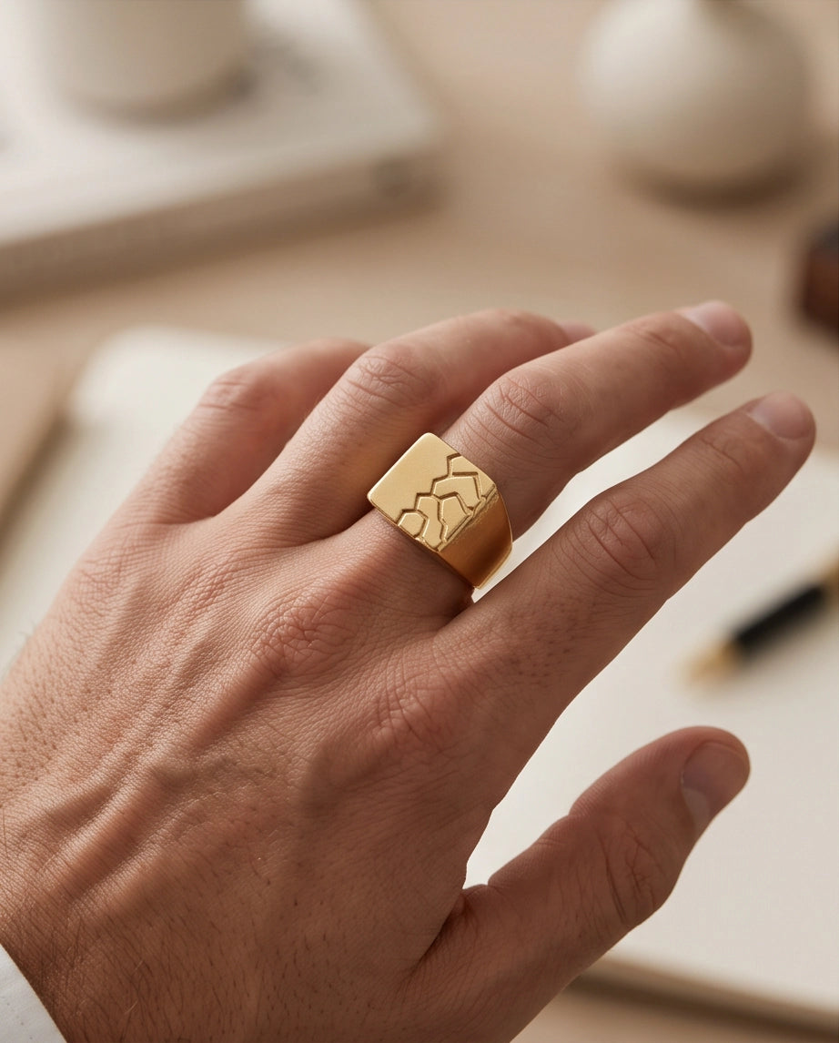 Geometric Fracture Gold Signet Ring