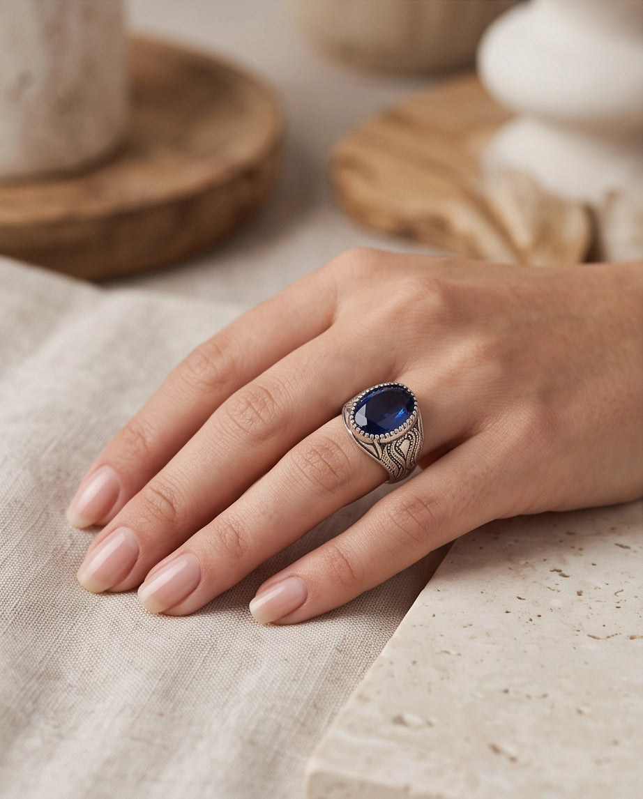 Sapphire Blue Oval-Cut Gemstone Beaded Bezel Textured Silver Ring