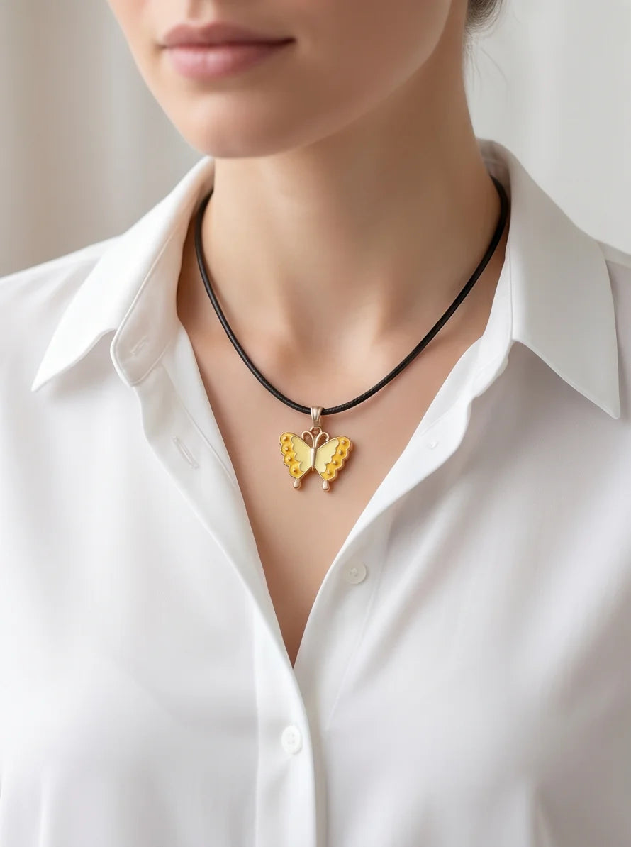 Yellow Enamel Butterfly Pendant Necklace