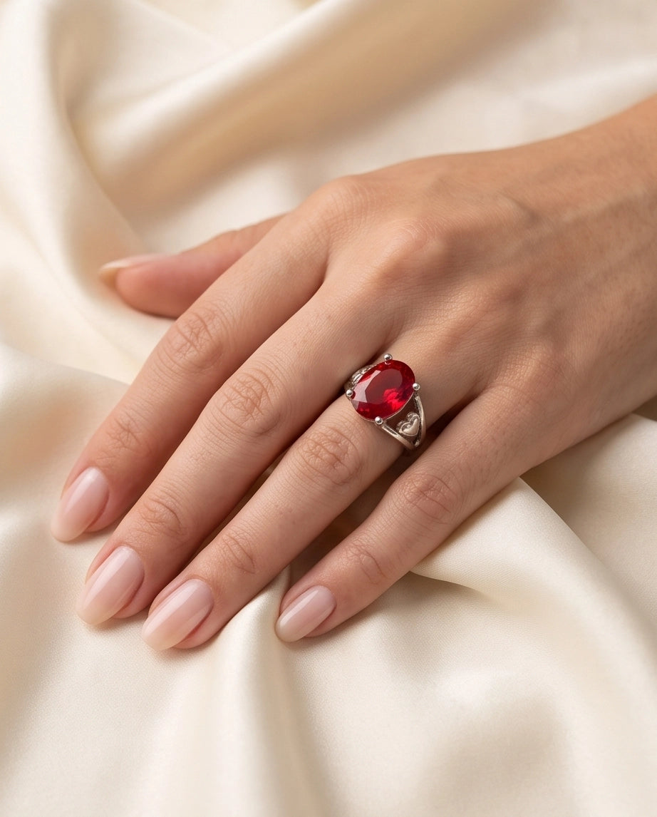 Silver Oval Ruby Heart Detail Solitaire Ring