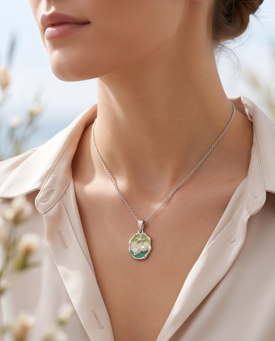 Silver Green Seashell Starfish Pearl Enamel Medallion Chain Necklace