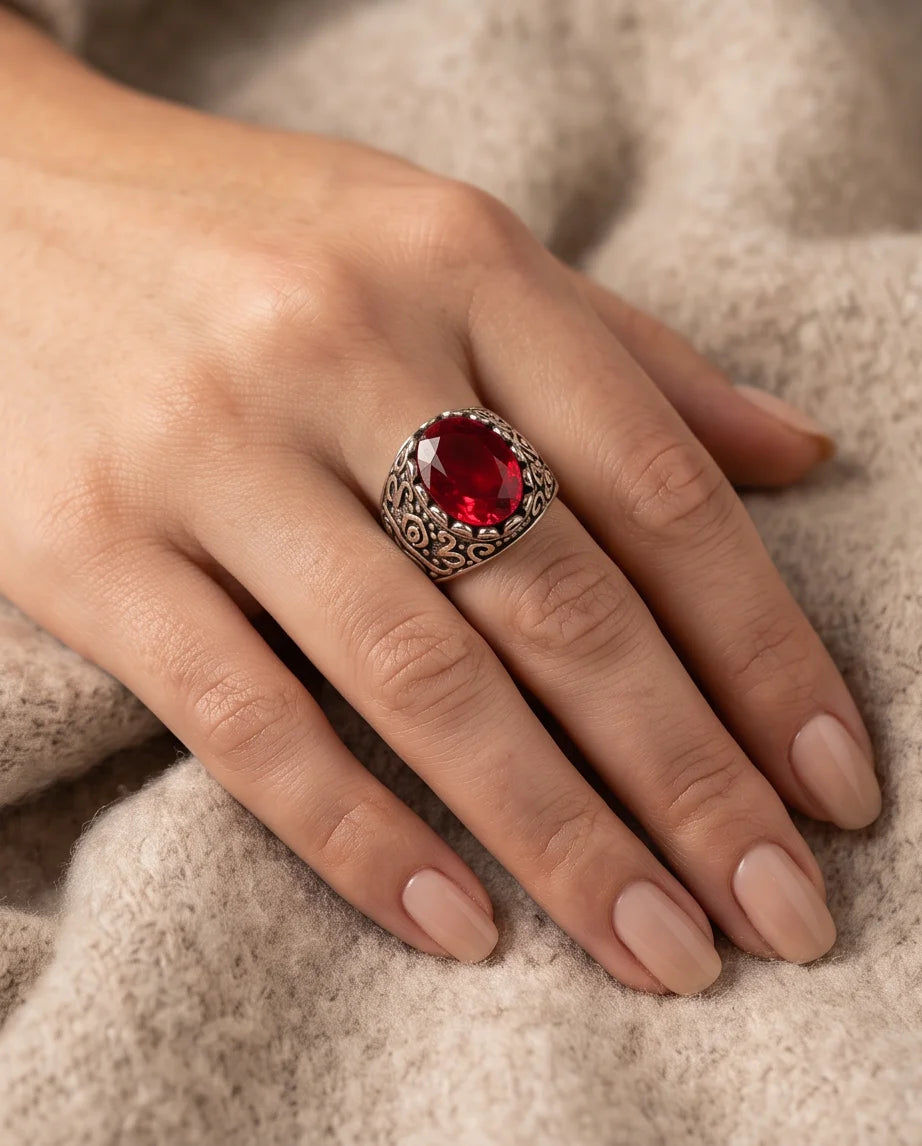 Ruby Gemstone Scalloped Crown Bezel Scroll Filigree Silver Ring