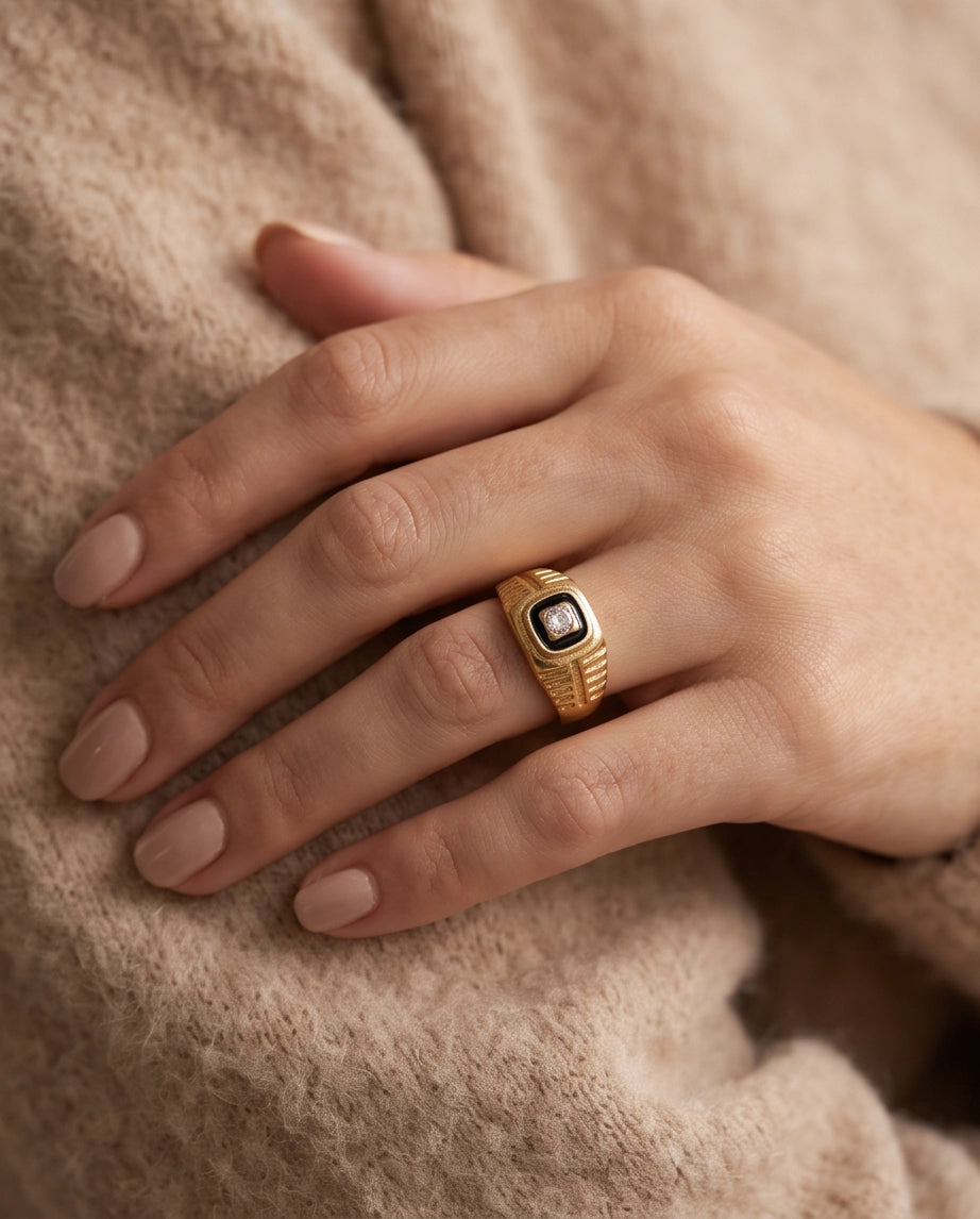 Concentric Cushion Clear Gemstone Onyx Frame Art Deco Gold Ring