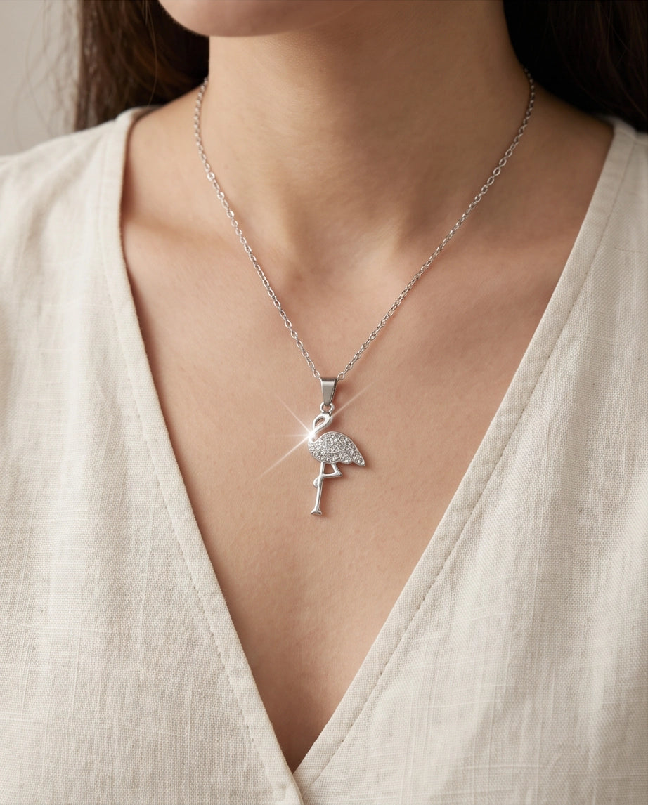 Silver Crystal Paved Flamingo Pendant Necklace
