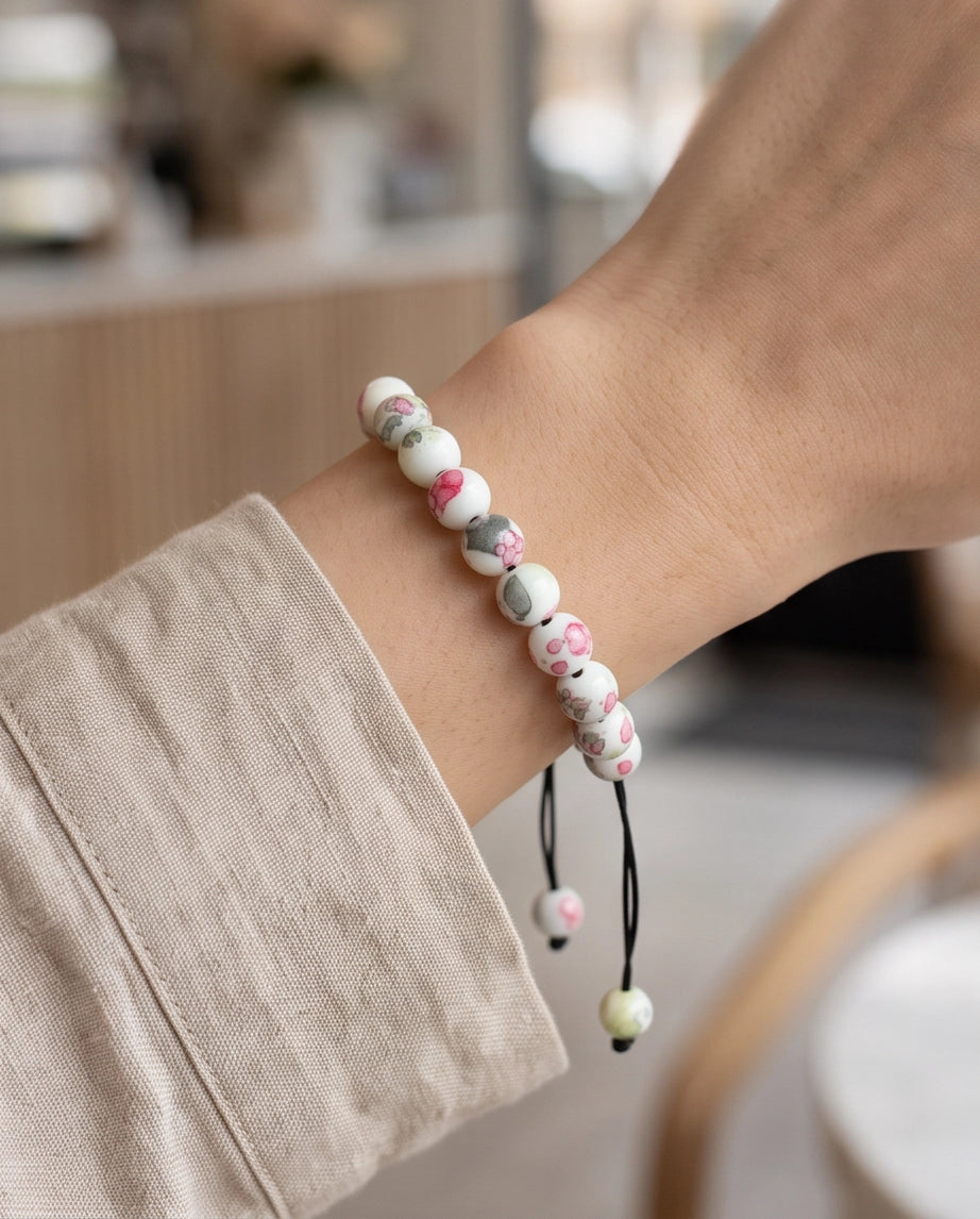 Cherry Blossom Patterned Ceramic Beaded Adjustable Macrame Bracelet