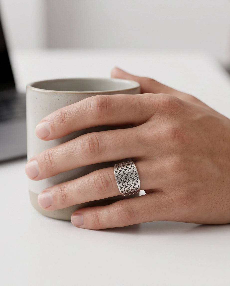 Interlocking Triangular Mosaic Silver Band