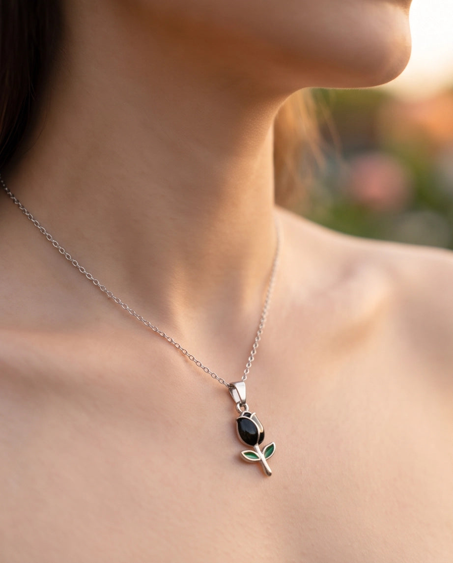 Silver Black Enamel Tulip Pendant Necklace