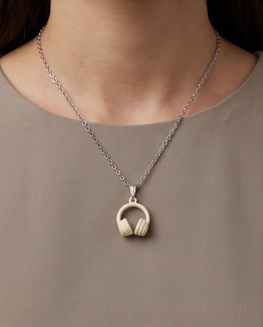 Cream White Headphones Enamel Pendant Necklace