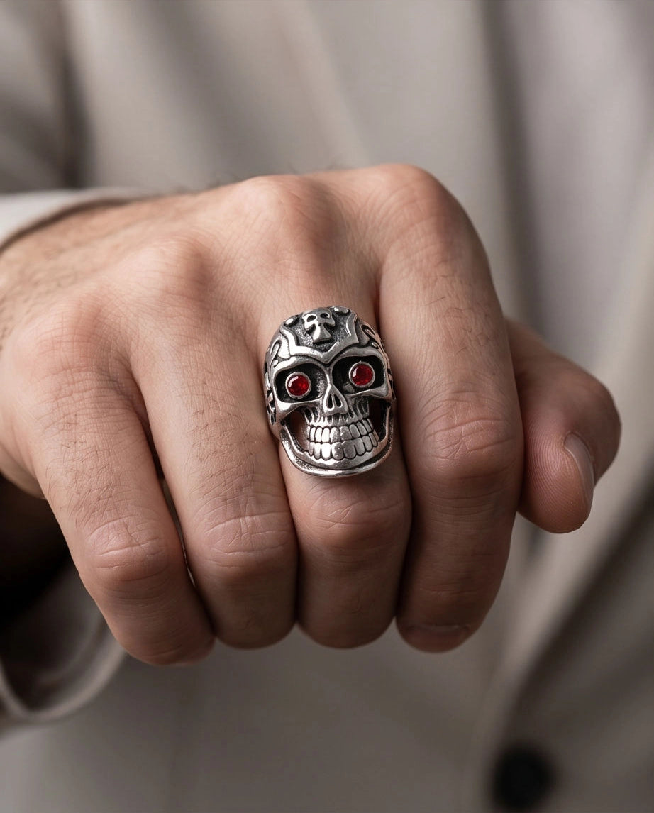 Ruby-Eyed Crested Filigree Skull Ring