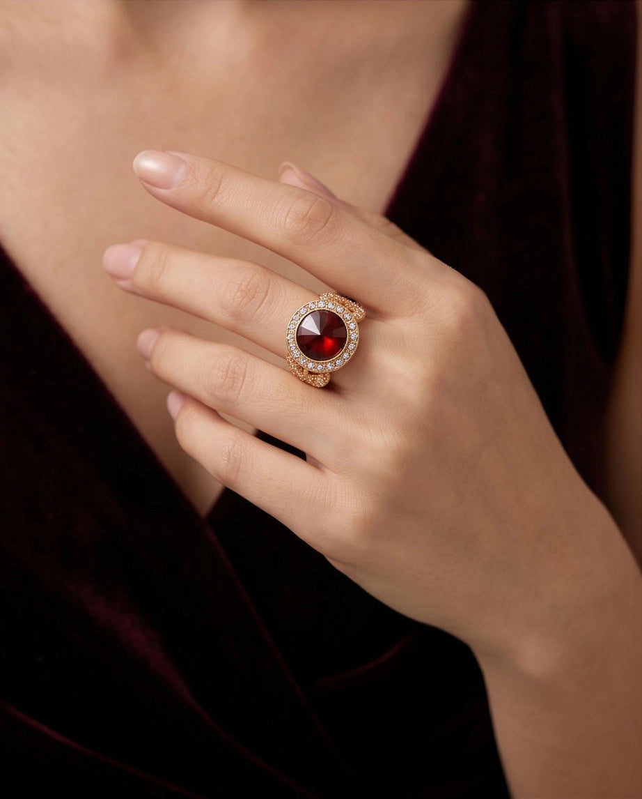 Gold Crimson Garnet Halo Vintage Ring