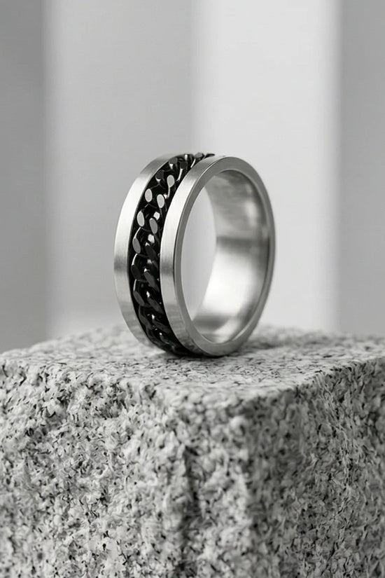 Iron Shadow: High-Contrast Chain Inlay Ring
