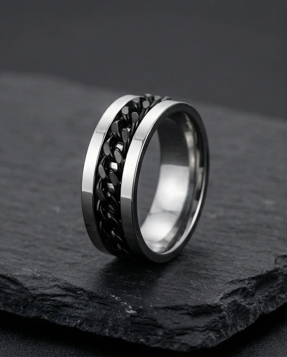 Iron Shadow: High-Contrast Chain Inlay Ring