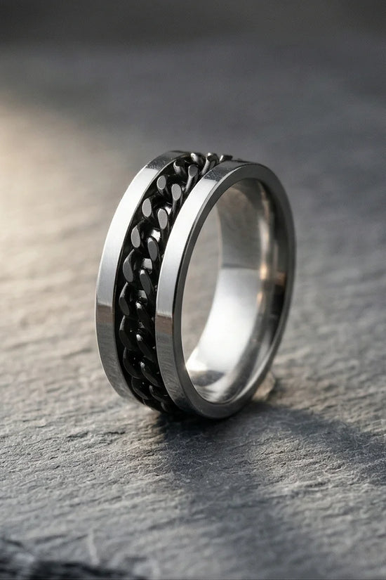 Iron Shadow: High-Contrast Chain Inlay Ring