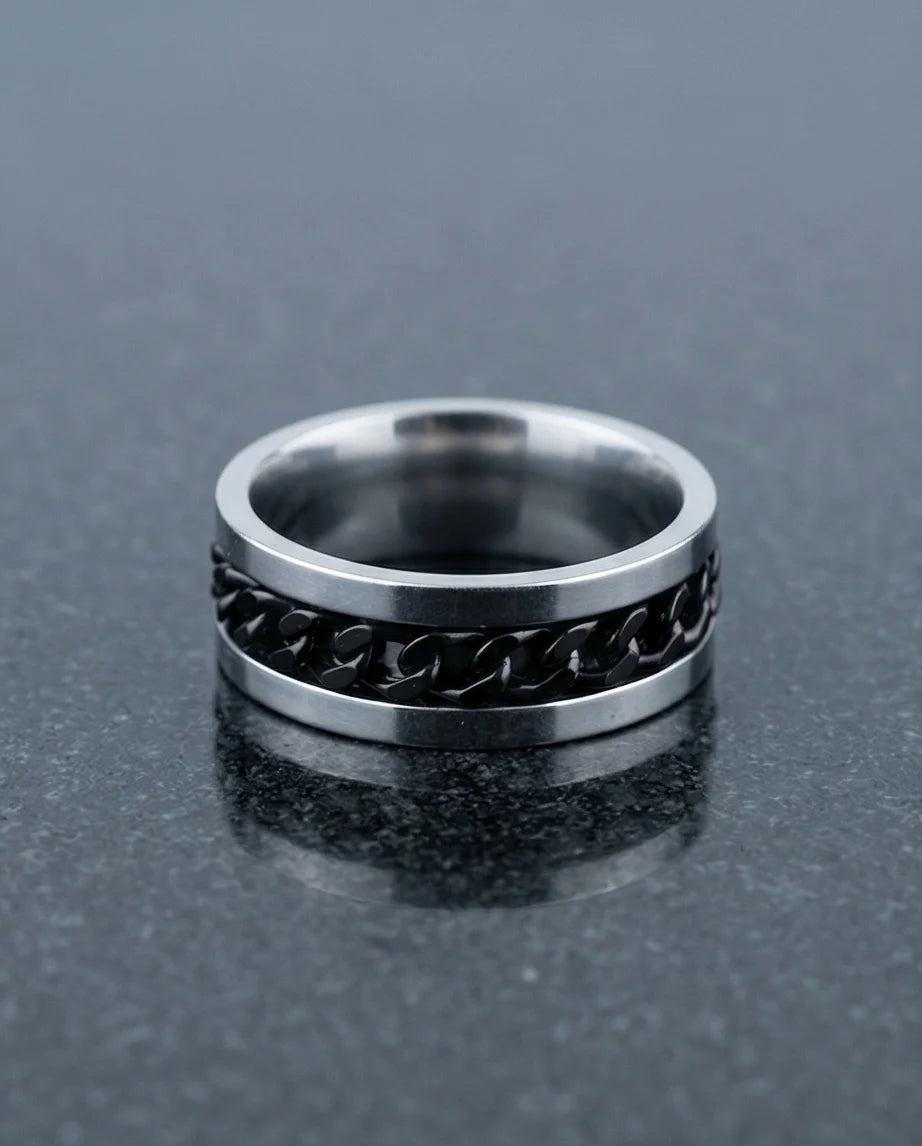 Iron Shadow: High-Contrast Chain Inlay Ring