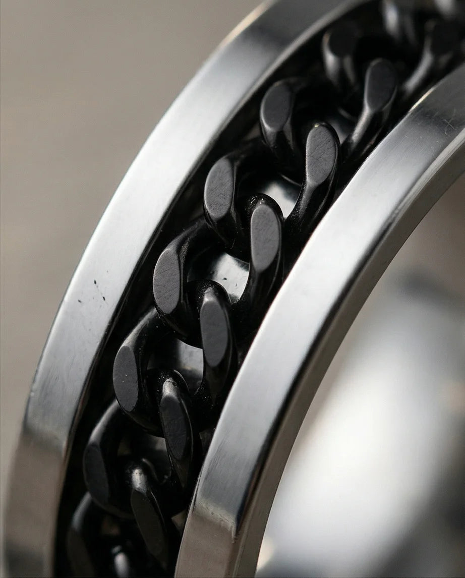 Iron Shadow: High-Contrast Chain Inlay Ring