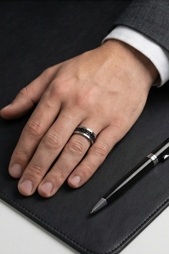 Iron Shadow: High-Contrast Chain Inlay Ring