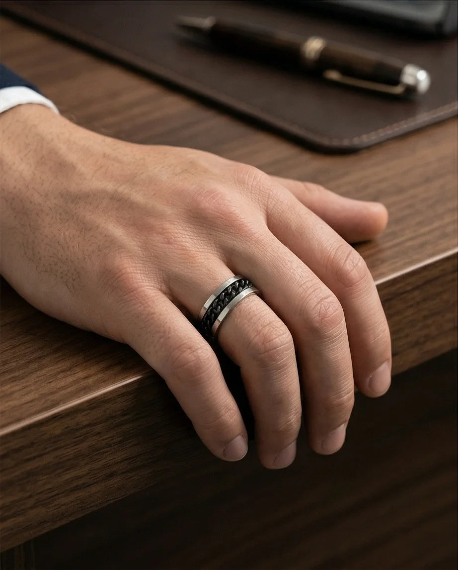 Iron Shadow: High-Contrast Chain Inlay Ring