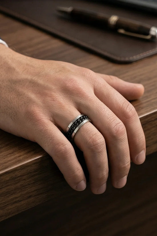 Iron Shadow: High-Contrast Chain Inlay Ring