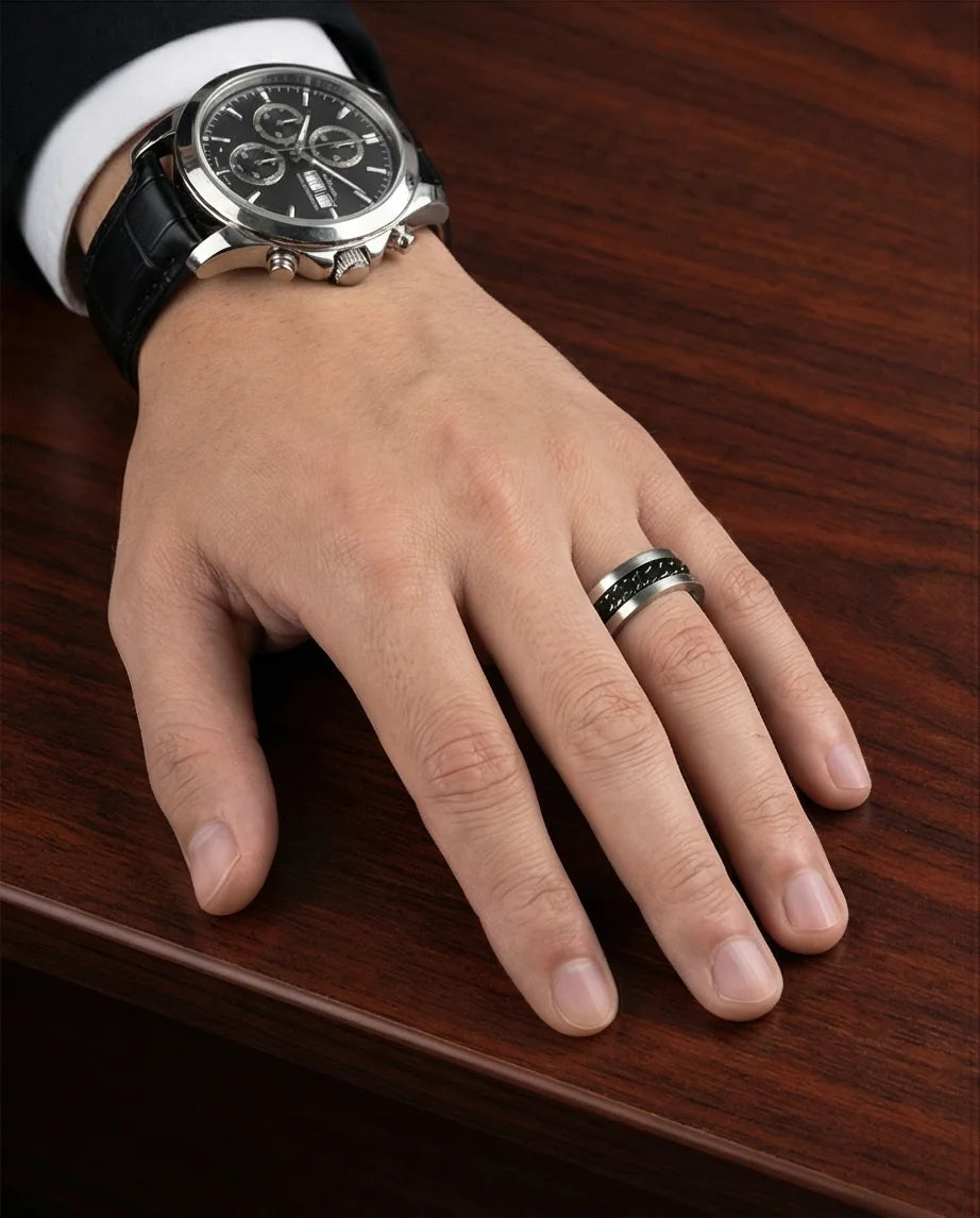 Iron Shadow: High-Contrast Chain Inlay Ring