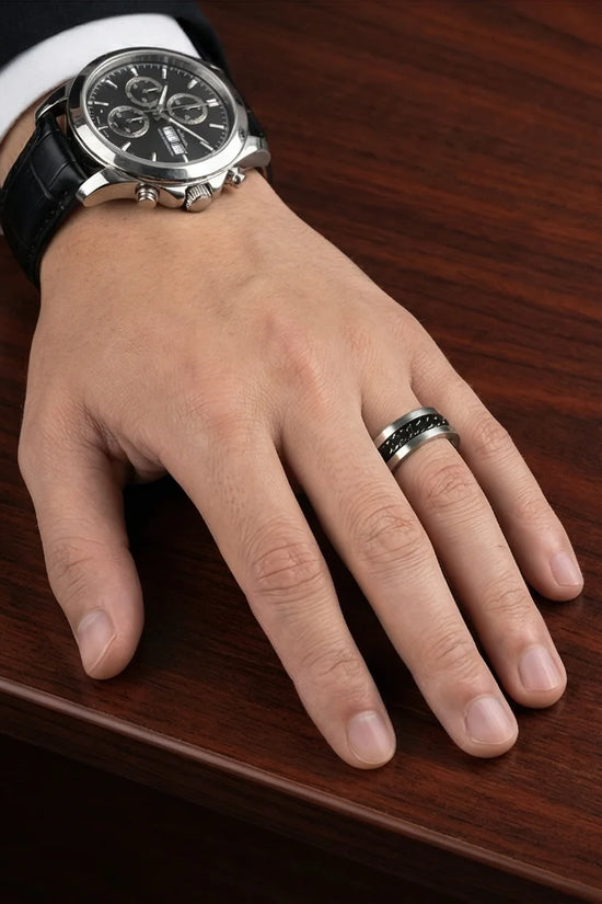 Iron Shadow: High-Contrast Chain Inlay Ring