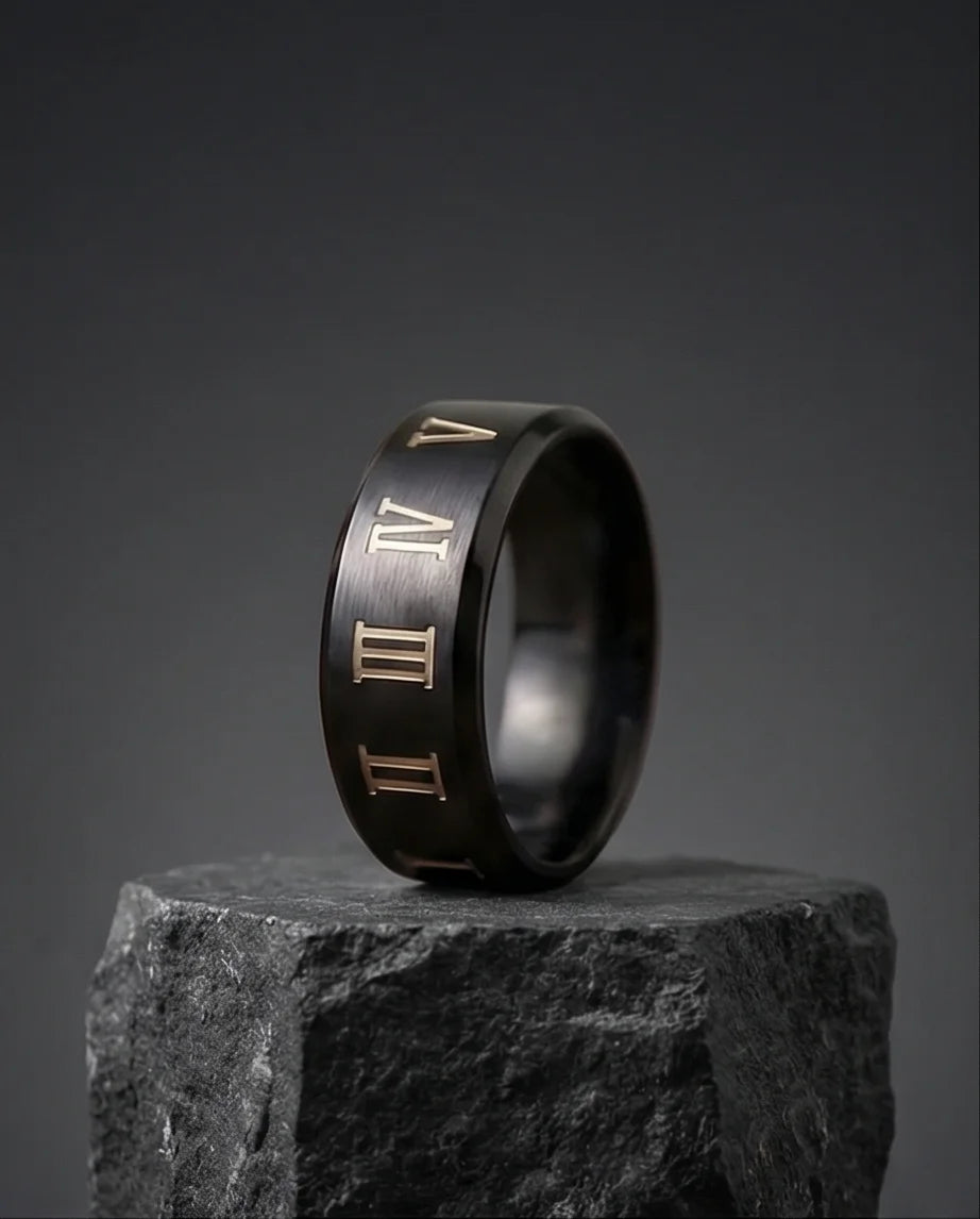 The Black Tungsten Carbide Band with Meteorite Dust and Opal Inlay