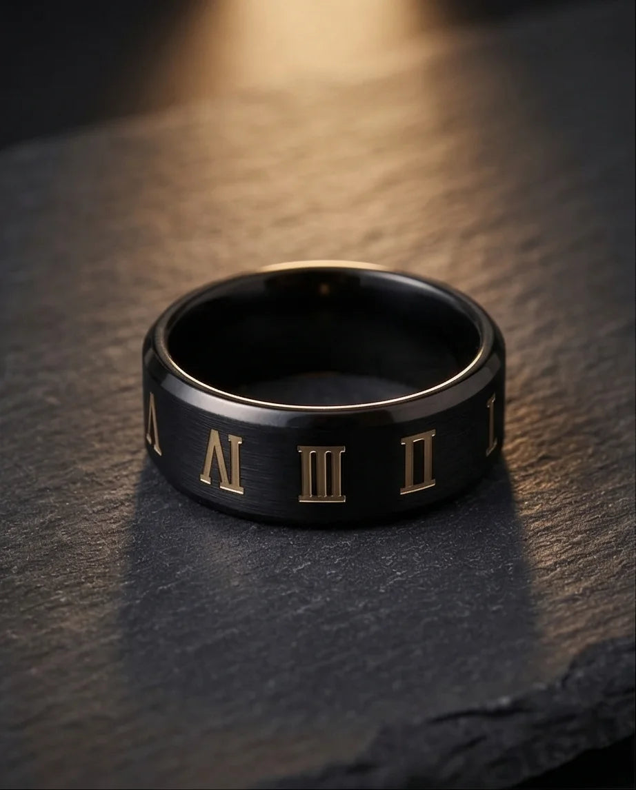 The Black Tungsten Carbide Band with Meteorite Dust and Opal Inlay