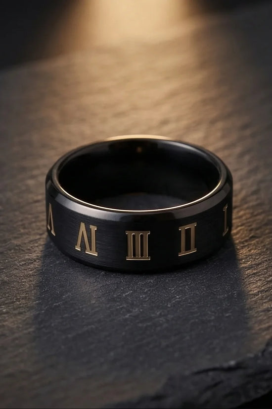 The Black Tungsten Carbide Band with Meteorite Dust and Opal Inlay