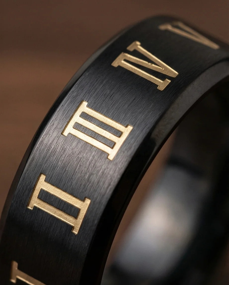 The Black Tungsten Carbide Band with Meteorite Dust and Opal Inlay