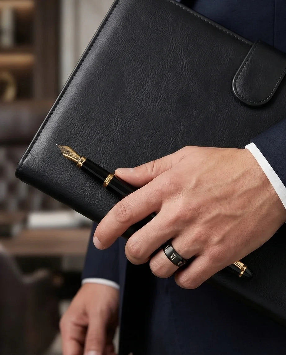 The Black Tungsten Carbide Band with Meteorite Dust and Opal Inlay