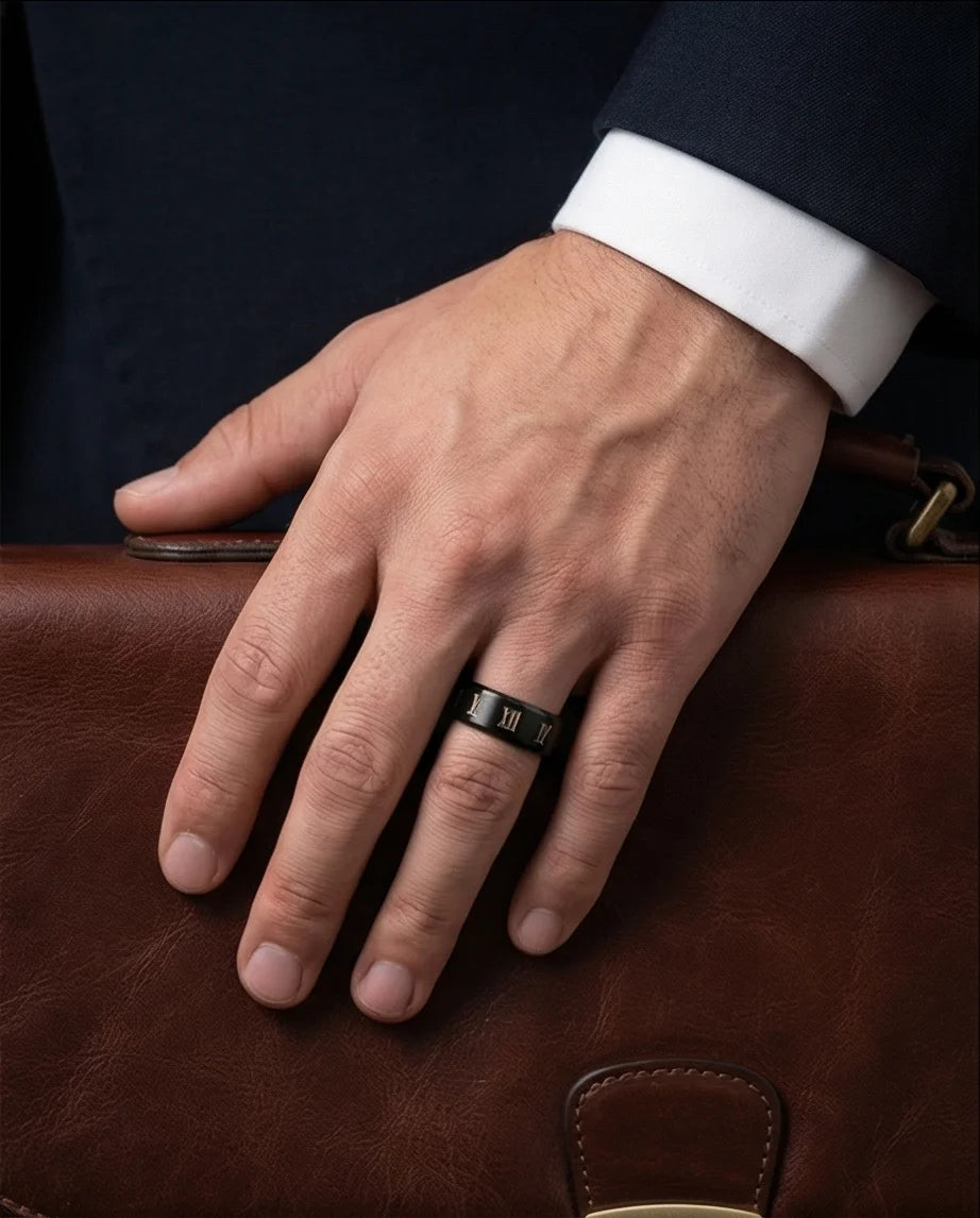 The Black Tungsten Carbide Band with Meteorite Dust and Opal Inlay