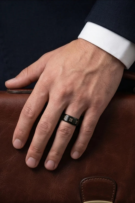 The Black Tungsten Carbide Band with Meteorite Dust and Opal Inlay
