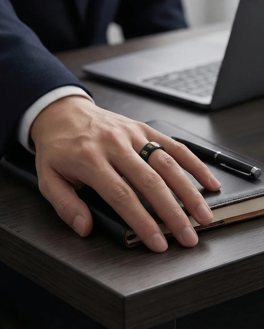 The Black Tungsten Carbide Band with Meteorite Dust and Opal Inlay