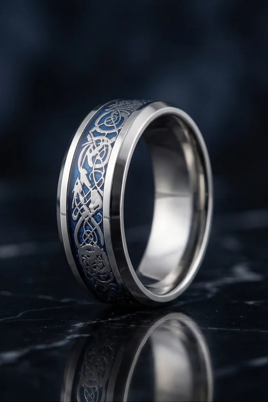 Azure Sentinel: Silver Celtic Dragon Blue Ring