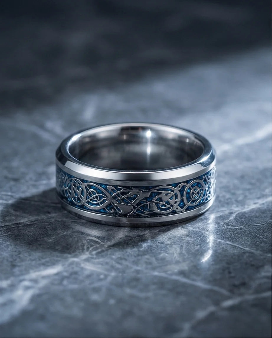 Azure Sentinel: Silver Celtic Dragon Blue Ring